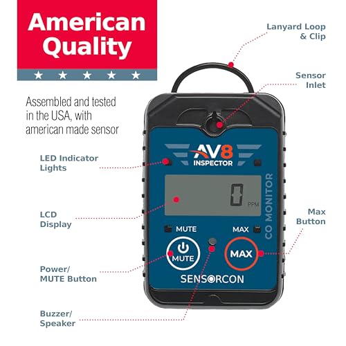 AV8 Inspector Detectores portátiles de monóxido de carbono para aviación - Monitor digital de monóxido de carbono de grado profesional con alarmas visuales y de audio