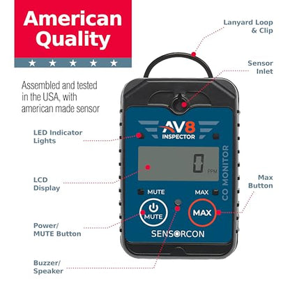 AV8 Inspector Detectores portátiles de monóxido de carbono para aviación - Monitor digital de monóxido de carbono de grado profesional con alarmas visuales y de audio