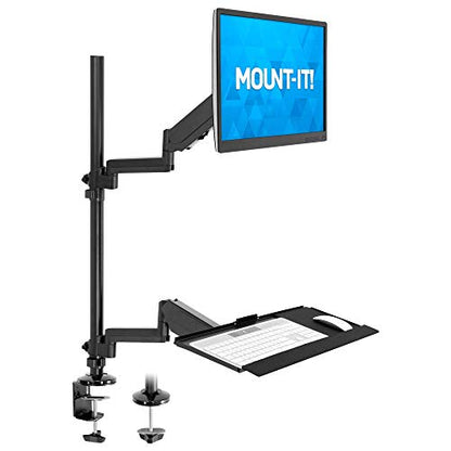 MOUNT-IT! Soporte de escritorio para monitor de pie sentado [se adapta a pantallas de 32 pulgadas] brazo articulado de movimiento completo con bandeja para teclado y gestión de cables (negro)