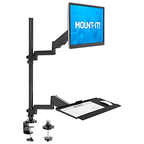 MOUNT-IT! Soporte de escritorio para monitor de pie sentado [se adapta a pantallas de 32 pulgadas] brazo articulado de movimiento completo con bandeja para teclado y gestión de cables (negro)