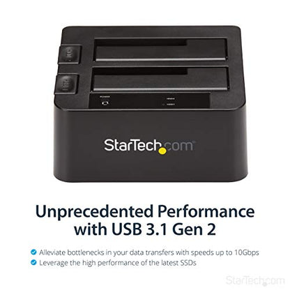 StarTech.com Estación de acoplamiento de disco duro USB 3.1 a SATA de doble bahía, USB 3.1 (10 Gbps), externa 2.5/3.5" SATA I/II/III, estación de acoplamiento SSD/HDD, bahía de disco duro