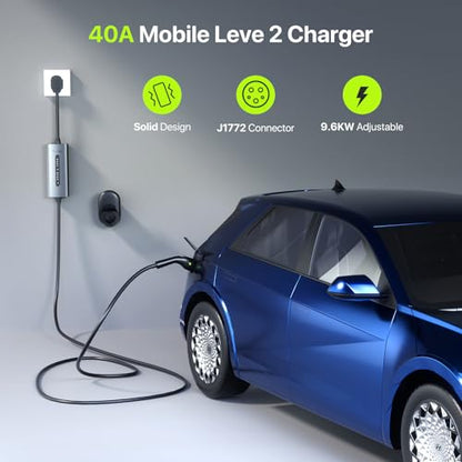 Cargador EV Nivel 2 40A J1772 Conector 9.6KW Cargador de coche eléctrico 240V con enchufe 14-50 Cable de 25 pies 15-40 amperios Estación de carga móvil de corriente ajustable para todos los