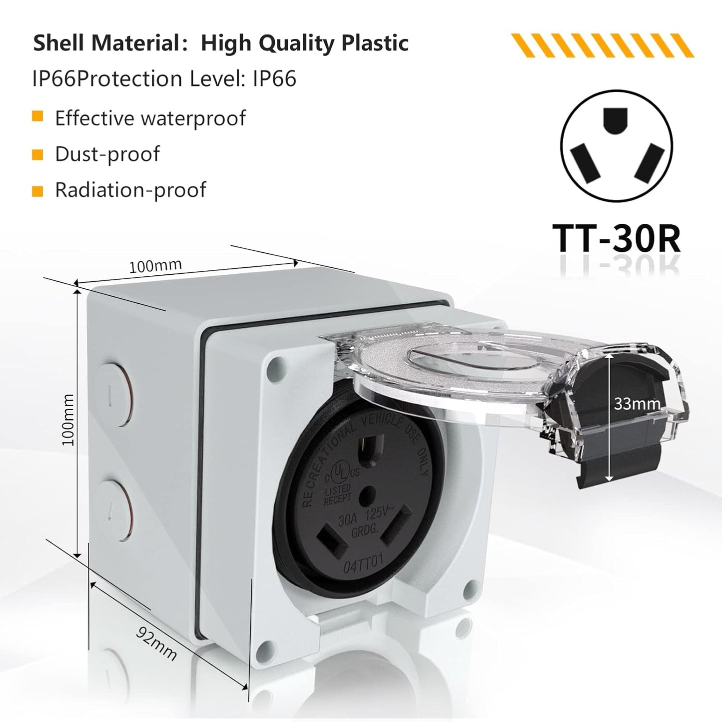 STARELO Caja de toma de corriente RV de 30 amperios, receptáculo NEMA TT-30R de 125 voltios, resistente al polvo y a la intemperie para vehículos recreativos, vehículos eléctricos, generadores