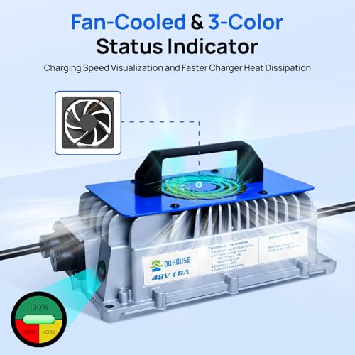 DC HOUSE Cargador de batería de litio de 48 V 18 A, cargador rápido de 900 W, eficiencia de carga ≥ 93%, IP65 resistente al agua anticaídas con ventilador de enfriamiento, adecuado para carrito de