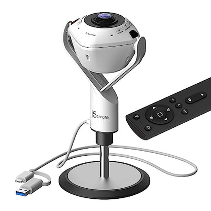 j5create Cámara de sala de conferencias con tecnología de IA 360 con altavoz, seguimiento inteligente, marco automático, incluye un control remoto (JVU368)