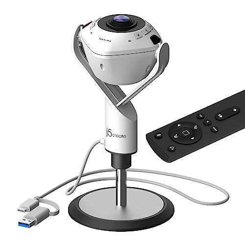j5create Cámara de sala de conferencias con tecnología de IA 360 con altavoz, seguimiento inteligente, marco automático, incluye un control remoto (JVU368)