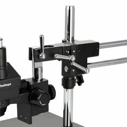 AmScope SM-4TZZ-B 180X Microscopio estéreo trinocular zoom con negro | 3.5X-180X Magnification Range 76mm Stereo Microscope Holder Ring 360° Multi-Axis Head Rotation Powder-Coat Black