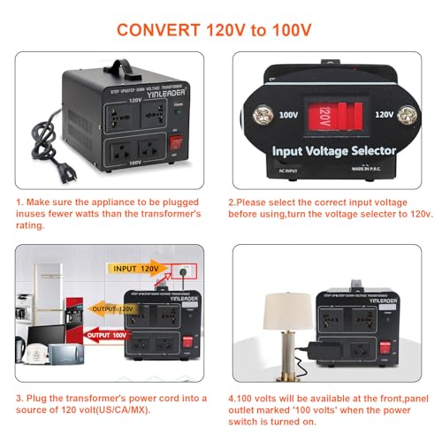 Yinleader 1000W 120V EE.UU. a 100V Japón Convertidor de Voltaje Paso Abajo/Arriba Transformador Ideal para Tocadiscos Japonés YL-USJP-1000