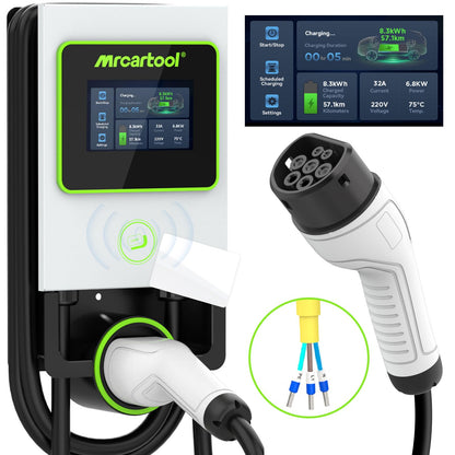 MR CARTOOL EV Charger Type 2 Charging Unit 7kW/32A Electric Car Charger IP65 EV Charging Station with Scheduled Charging, LCD Touchscreen, RFID Card, 8M Cable, Home Wall Mount Rapid Charging Point