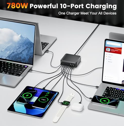 Bloque de cargador USB C de 780 W estación de carga rápida de 10 puertos USB C GaN PD 120 W adaptador de cargador para laptop MacBook Pro/Air, DELL, iPad, iPhone, Samsung Galaxy