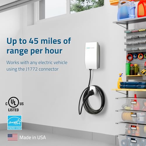 Cargador para vehículos eléctricos de nivel 2 de hasta 50 amperios, WiFi inteligente y Bluetooth habilitado, cable de 25 pies, cableado de 240 V, certificación UL, EVC50012001