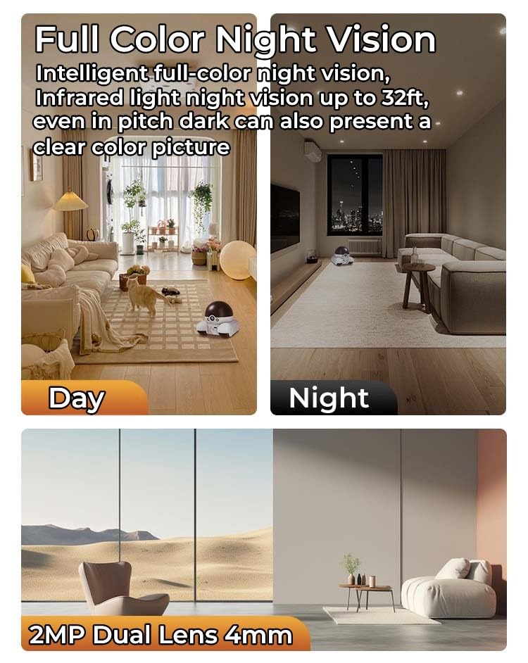 Movable 2MP+2MP Dual Lens Dual Screen Pet Robot 2.4 GHz WiFi Cámara de seguridad para el hogar inteligente P 360°/T 90° Rotación Monitoreo Teléfono App 2 Way Audio Detección de Movimiento Alertas