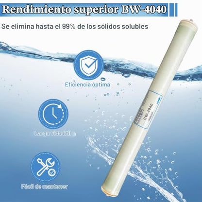 BW-4040, Membrana RO de 10,16 cm x 101,6 cm para Desalinización de Agua Salobre, Membrana de Ósmosis Inversa BW 4040 para Toda la Casa, Agua Municipal, Certificada NSF, Tasa de Desalinización del