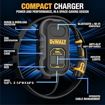 DEWALT Cargador compacto de nivel 2 para vehículos eléctricos cableado, 48 A, 240 V, con control de aplicación, Bluetooth, Wi-Fi, estación de carga EV para montaje en pared 	EV100D-48W2J