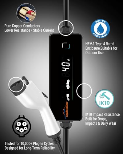 Cargador EV de nivel 2 que incluye adaptador J1772 a Tesla, cargador EV de 40 amperios 110-240 V 25 pies y enchufes NEMA 14-50, cargador portátil para el hogar - 
TopAutoGear #170610