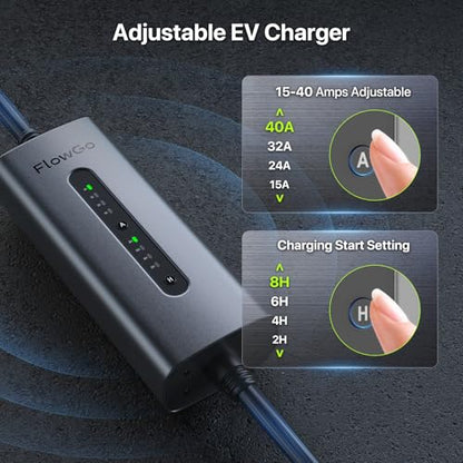 Cargador EV Nivel 2 40A J1772 Conector 9.6KW Cargador de coche eléctrico 240V con enchufe 14-50 Cable de 25 pies 15-40 amperios Estación de carga móvil de corriente ajustable para todos los