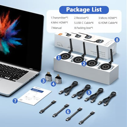 TIMBOOTECH Transmisor HDMI inalámbrico y 3 receptores, hasta 8 receptores, Plug and Play, Extensor inalámbrico HDMI de 5.8 G para PC, portátil, cámara, caja de cable a varios televisores, monitores #G70
