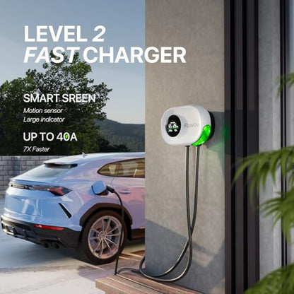 Cargador eléctrico de nivel 2 de 40 A, cargador eléctrico inteligente para el hogar, pantalla activada por movimiento, 240 V con enchufe NEMA 14-50, conector J1772, cable de 25 pies, aplicación