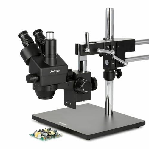 AmScope SM-4TZZ-B 180X Microscopio estéreo trinocular zoom con negro | 3.5X-180X Magnification Range 76mm Stereo Microscope Holder Ring 360° Multi-Axis Head Rotation Powder-Coat Black