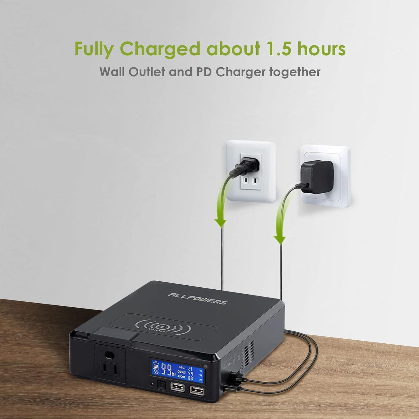 Cargador portátil ALLPOWERS S200 de 200 W y 41600 mAh con energía solar y batería externa inalámbrica.