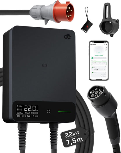 dé Wallbox 22kW App 7,5m Tipo 2, Cargador Trifasico Coche Electrico RFID deWB22B07A