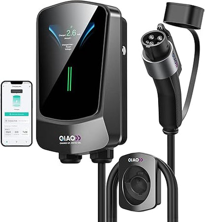 QIAO - Cargador EV de nivel 2, cargador eléctrico de coche cableado de hasta 48 A, EVSE habilitado con aplicación Wi-Fi Bluetooth habilitado, pantalla de 4.3 pulgadas, cable de 25 pies, estación de