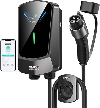QIAO - Cargador EV de nivel 2, cargador eléctrico de coche cableado de hasta 48 A, EVSE habilitado con aplicación Wi-Fi Bluetooth habilitado, pantalla de 4.3 pulgadas, cable de 25 pies, estación de