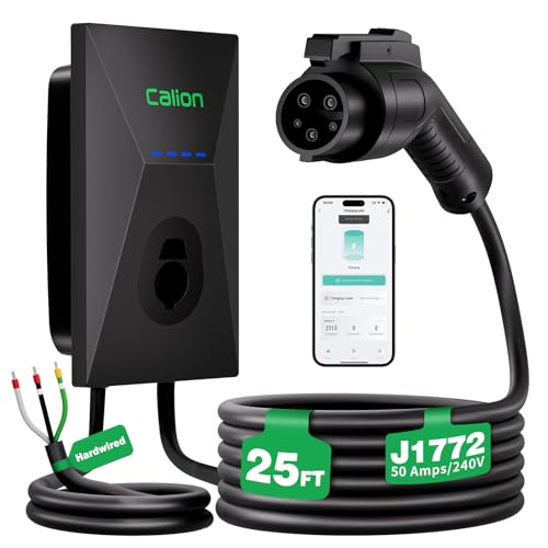 Calion Cargador de vehículo eléctrico de nivel 2, cargador de montaje en pared con cable de 25 pies, estación de carga de vehículo eléctrico para vehículos eléctricos J1772, 50 amperios, EV-C02AZ-US50A