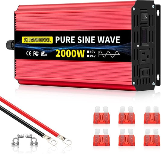 SUNWHEEL Inversor de onda sinusoidal pura de 2000 W, inversor de corriente de 12 V CC a 110 V/120 V CA para RV, microondas, fuera de la red, camión, refrigerador, aire acondicionado con 2 salidas de