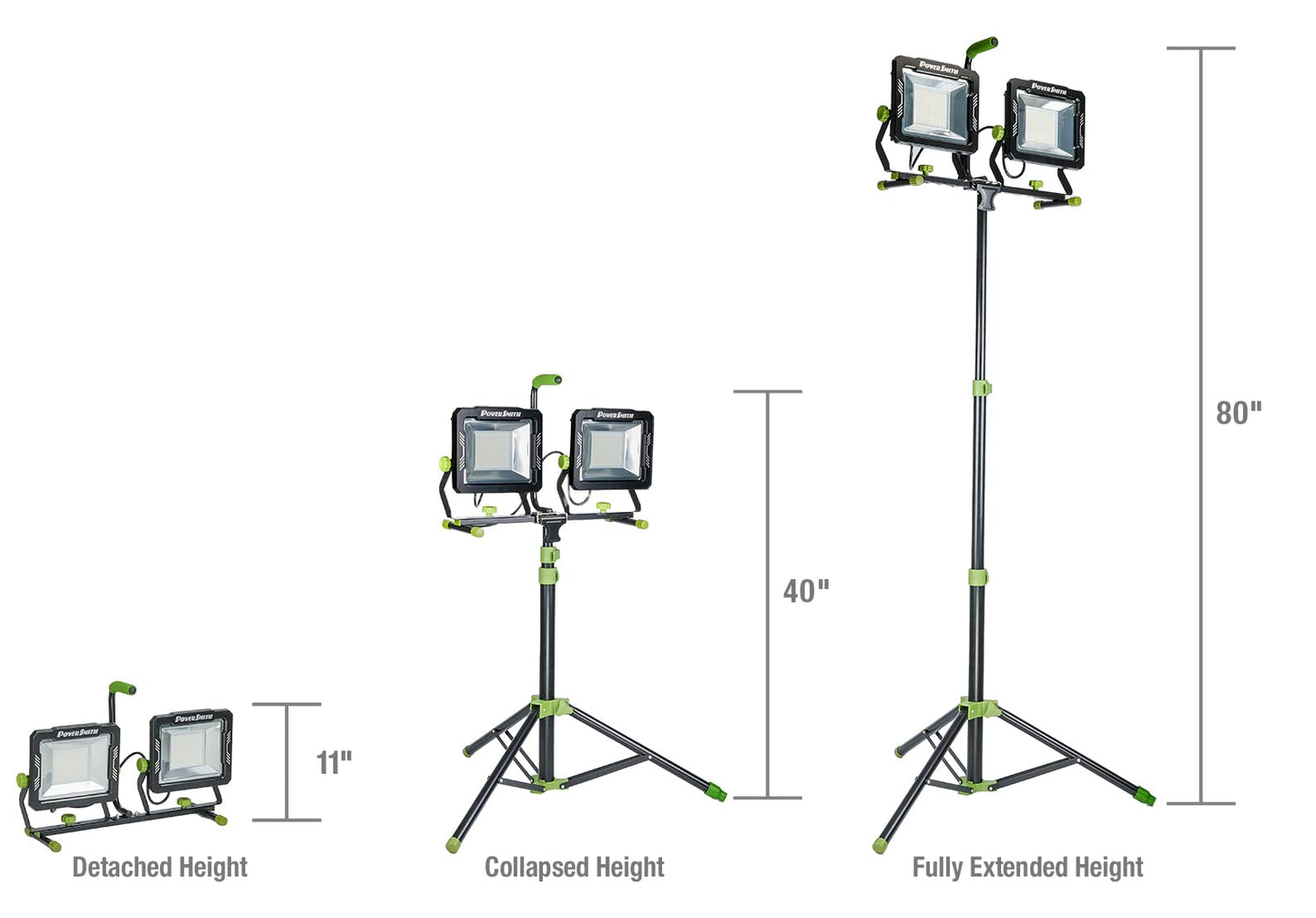 PowerSmith - Luz de trabajo LED de doble cabeza de 30.000 lúmenes con 80 pulgadas Soporte de trípode ajustable de metal y cable de alimentación con conexión a tierra de 10 pies  PWLD300T