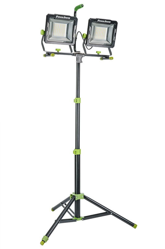 PowerSmith - Luz de trabajo LED de doble cabeza de 30.000 lúmenes con 80 pulgadas Soporte de trípode ajustable de metal y cable de alimentación con conexión a tierra de 10 pies  PWLD300T