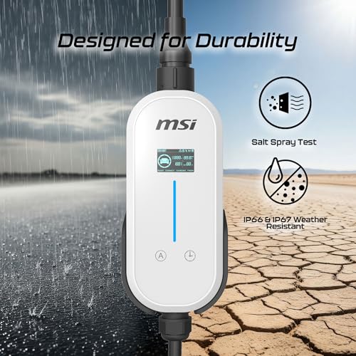 MSI EZgo NACS, 40A/9.6Kw, cargador portátil de nivel 1/2 con enchufe NEMA 5-15 y NEMA 14-50, color blanco