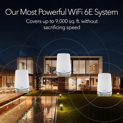 NETGEAR Orbi Quad-Band WiFi 6E Mesh System (RBKE963), enrutador con 2 extensores de satélite, cobertura de hasta 9000 pies cuadrados, 200 dispositivos, puerto de Internet de 10 gig, AXE11000 802.11