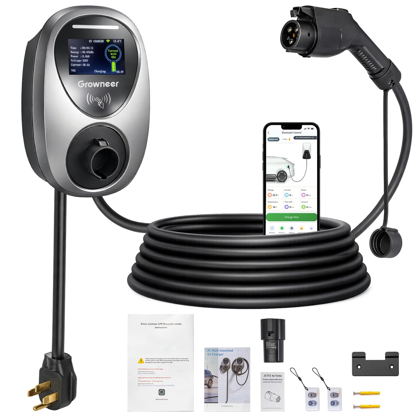 GROWNEER Cargador EV de nivel 2 de 48 amperios, enchufe NEMA 14-50 de 240 V, cargador portátil para vehículo eléctrico de 25 pies con conector J1772 y adaptador Tesla, pantalla LCD, estación de carga - AY253608001