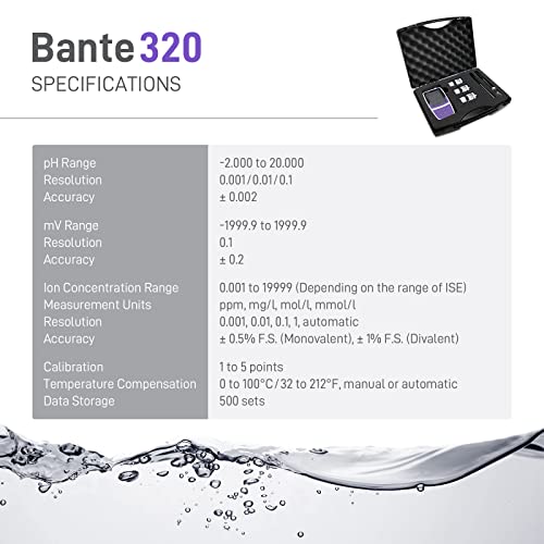 Medidor portátil de iones de pH Bante 320 | Medidor de iones portátil | Contiene modos de medición de pH, ORP e iones | Precisión ± 0.002 pH, ± 0.2 mV, ± 1% F.S. | 500 juegos de almacenamiento de datos
