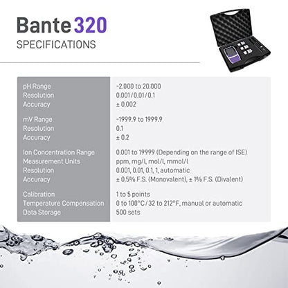 Medidor portátil de iones de pH Bante 320 | Medidor de iones portátil | Contiene modos de medición de pH, ORP e iones | Precisión ± 0.002 pH, ± 0.2 mV, ± 1% F.S. | 500 juegos de almacenamiento de datos