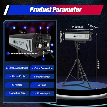 Luz LED de 200 W, foco de escenario de varios colores con soporte de control manual, luz de escenario, lámpara enfocada en puntos de escenario, luces de rendimiento profesional para eventos, teatro, discoteca, espectáculo de fiesta (200 W)