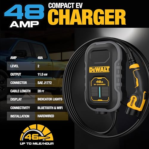 DEWALT Cargador compacto de nivel 2 para vehículos eléctricos cableado, 48 A, 240 V, con control de aplicación, Bluetooth, Wi-Fi, estación de carga EV para montaje en pared 	EV100D-48W2J