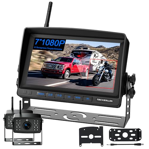 Cámara de respaldo para RV, 7 pulgadas, cámaras de respaldo de vehículo 1080P con detección de IA, cámara de respaldo inalámbrica impermeable con grabación DVR y visión nocturna para