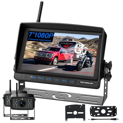 Cámara de respaldo para RV, 7 pulgadas, cámaras de respaldo de vehículo 1080P con detección de IA, cámara de respaldo inalámbrica impermeable con grabación DVR y visión nocturna para