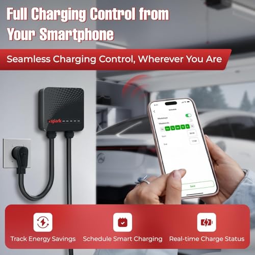 Cargador EV de nivel 2, 40 A, 240 V, cargador doméstico montado en la pared con enchufe NEMA 14-50, conector J1772, cable de carga de 24.6 ft, WiFi mejorado y control inteligente de aplicaciones