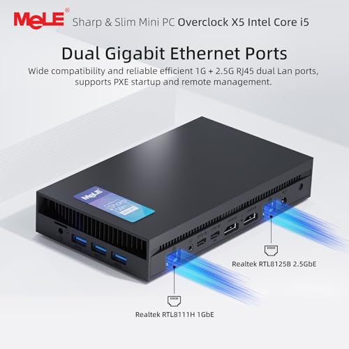 MeLE Overclock X5 Ultra Slim MiniPC Core-i5 12450H (hasta 4.4 GHz), 32 GB RAM 1 TB SSD, 3940 MB/s, 2 ranuras M.2, pantalla cuádruple HDMI×2/USB-C*2/4K computadora de escritorio oficina industrial y entretenimiento