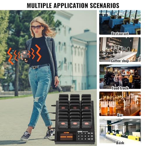 VEVOR Sistema de localización de restaurantes, señal inalámbrica de cola de espera de 1,312.3 ft de largo alcance, cliente invitado que llama a los apicultores con vibración e intermitente, 24 timbres