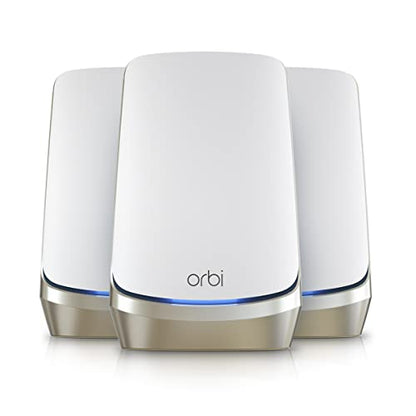 NETGEAR Orbi Quad-Band WiFi 6E Mesh System (RBKE963), enrutador con 2 extensores de satélite, cobertura de hasta 9000 pies cuadrados, 200 dispositivos, puerto de Internet de 10 gig, AXE11000 802.11