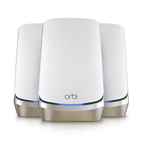 NETGEAR Orbi Quad-Band WiFi 6E Mesh System (RBKE963), enrutador con 2 extensores de satélite, cobertura de hasta 9000 pies cuadrados, 200 dispositivos, puerto de Internet de 10 gig, AXE11000 802.11