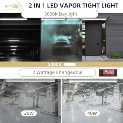 Luz hermética de vapor LED con sensor de tres niveles de 4 pies, IP65 IK08, 20 W (2500 lm)/40 W (5000 lm) seleccionable, 5000 K, 100-277 V, regulable, luz impermeable al aire libre, accesorio de