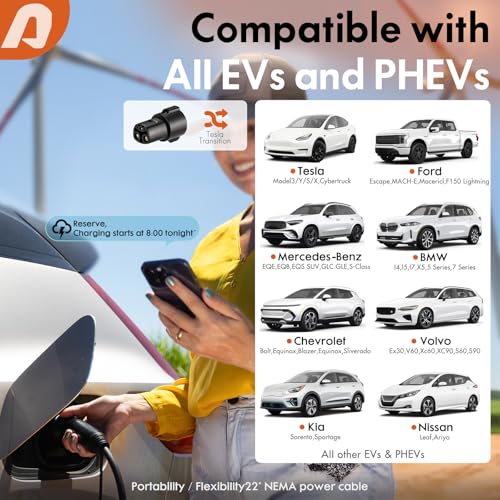 Cargador EV de nivel 2 de 48 amperios, 240 V, 11.5 KW y 25 pies con enchufe NEMA 14-50 y aplicación inteligente SAE J1772, carga programada, cable flexible de 25 pies