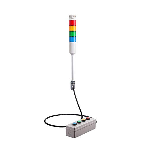 ATEPR-10-RYGB-Z, Andon Light, caja de control de botón a distancia, con cable de 10 pies, poste de 9.45 pulgadas con soporte L, intermitente rojo y zumbador, amarillo/verde/azul constante, zumbador ajustable de 10-100 dB, 110 V