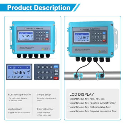 Medidor de flujo ultrasónico Whappocco Medidor de flujo de agua Abrazadera en medidor de flujo líquido Medidor de flujo digital montado en la pared con transductor pequeño para tubería DN15-3.937 in