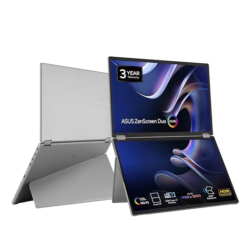 ASUS ZenScreen Duo OLED Monitor portátil plegable de 360° (MQ149CD) - Dual 14 pulgadas, 16:10, 1920x1200, DisplayHDR400 True Black, 100% DCI-P3, Delta <2, Dual USB-C, Mini-HDMI, Kickstand, garantía de